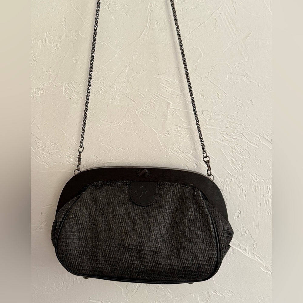 Patricia Nash Black Chain Shoulder Bag Clutch Wooden Frame